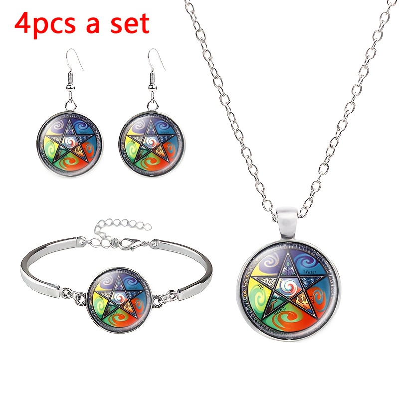 4pc Pentagram Magic Circle Jewelry Set with Necklace, Bracelet, and Earrings